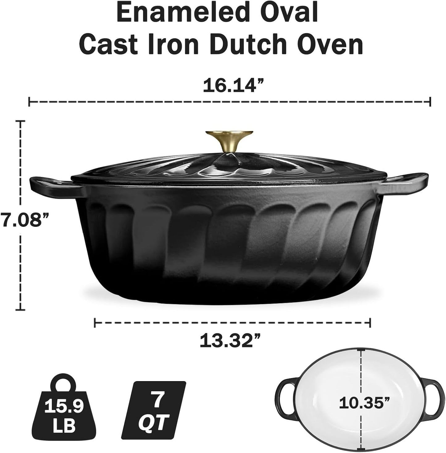 Enameled Oval Dutch Oven Pot with Lid, 7 QT Cast Iron Dutch Oven with Dual Handles for Cooking, Bread Baking, Frying, Non-stick Enamel Coated Oven (Black)