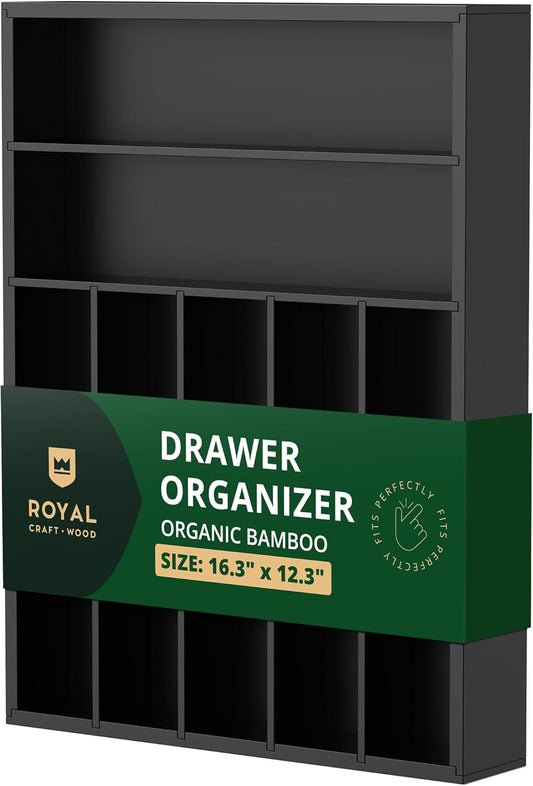 ROYAL CRAFT WOOD Luxury Bamboo Kitchen Drawer Organizer - Silverware Organizer - Utensil Holder and Cutlery Tray with Grooved Drawer Dividers for Flatware and Kitchen Utensils (7 Slot, Black)