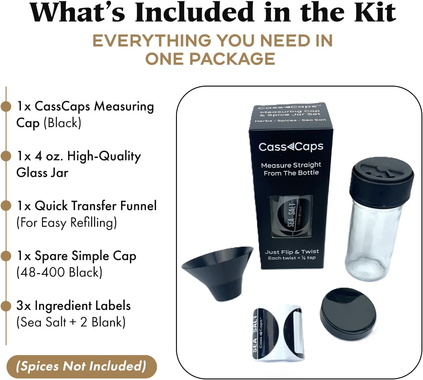 Glass Spice Jars & Measuring Cap Set - Twist to Dispense 1/4 Tsp Per Turn for Precise Cooking - Spice Jars with Lids Keep Kitchen Organized & Tidy - Enjoy Round Spice Jar Without Mess -1 Pack