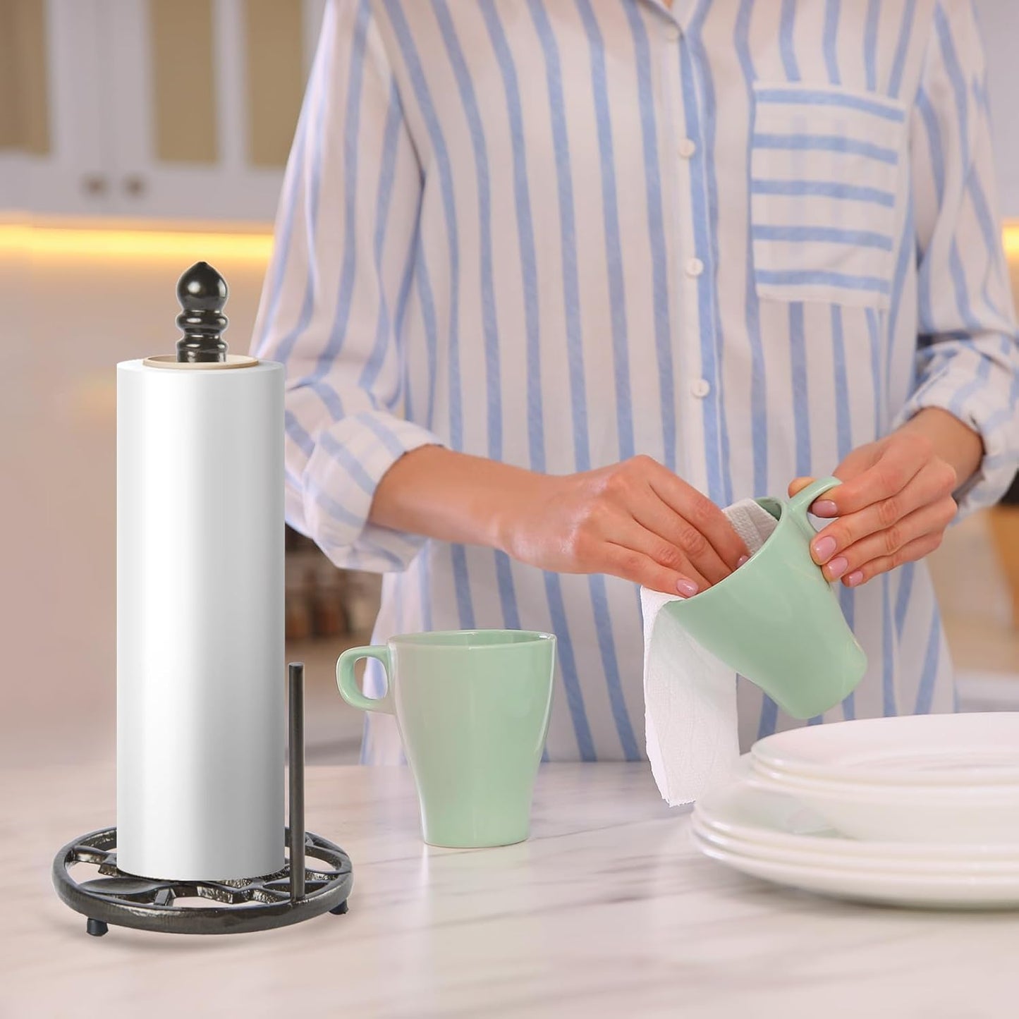 JOGREFUL Paper Towel Holder Stand, Cast Iron Kitchen Paper Towel Countertop Vintage Stand with Weighted-Base, Bathroom Organization for Family Standard Large Size Roll Paper, Gourd Top, Coffee Gold