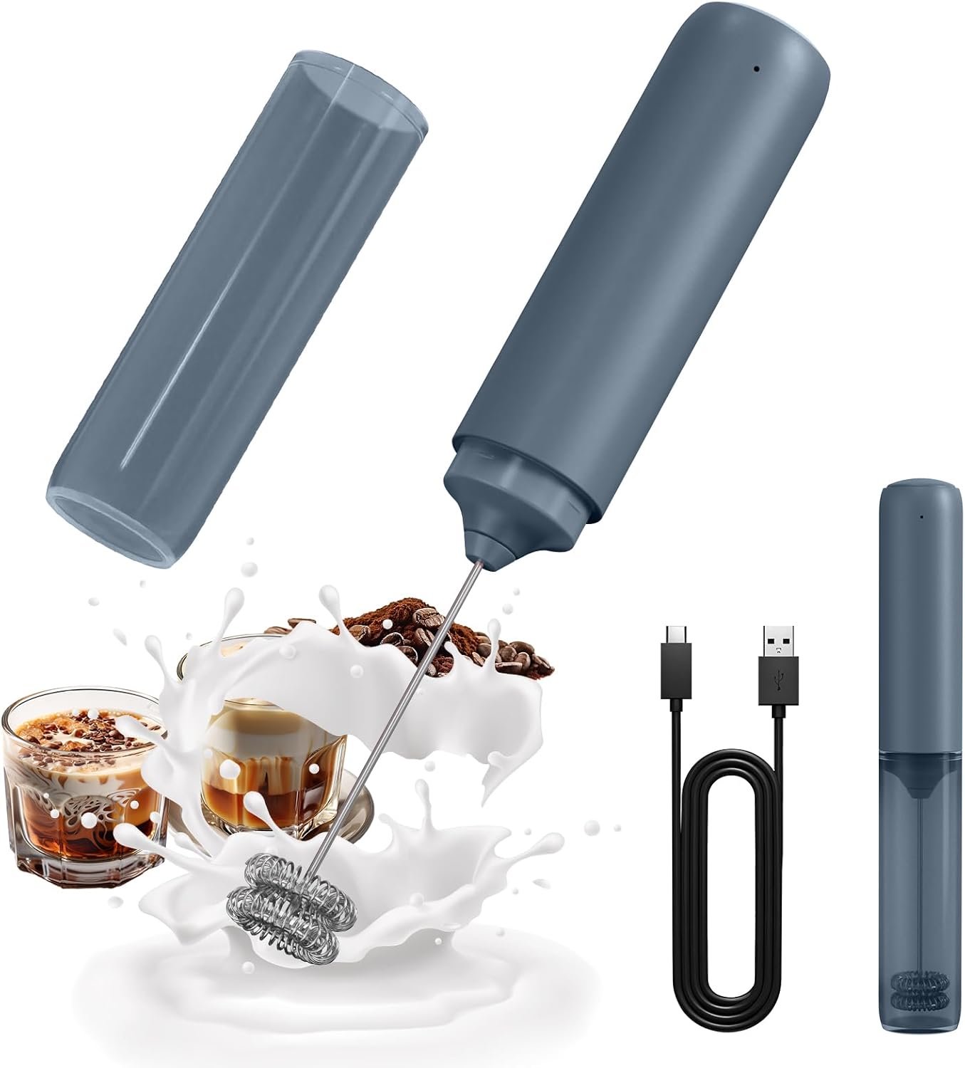 CIRCLE JOY Rechargeable Milk Frother Hanheld, Dual Ring Electric Coffee Frother, Portable Hand Frother Wand Drink Mixer for Matcha Lattes Cappuccino, Kitchen Gifts, Blue