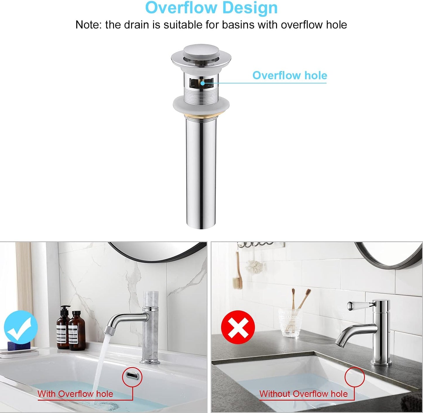 CREA Bathroom Sink Drain Chrome, Sink Stopper Pop Up Drain for Bathroom Vanity Kitchen Sink with Overflow