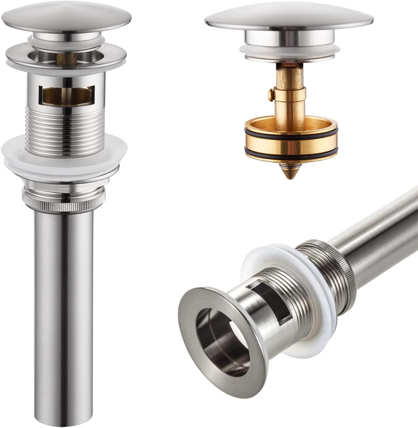 KOKOSIRI Bathroom Sink Drain with Detachable Hair Catcher, Brushed Nickel Pop Up Sink Drain with Strainer Basket Anti Clogging for Vanity Vessel Sink with Overflow, C1001BR