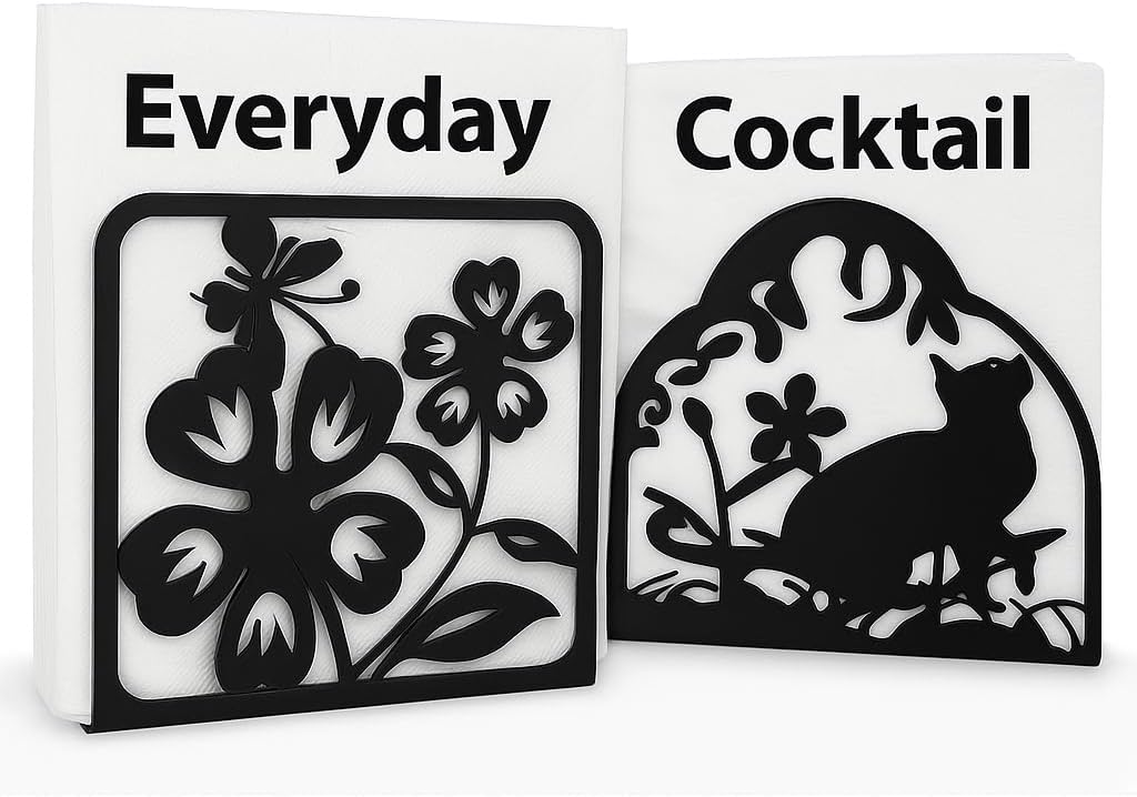 Decorative Metal Napkin Holder Set – Cat & Floral Design – 2 Sizes for Everyday & Cocktail Napkins – Black Modern Kitchen Coffee Filter Holder for Size #2 & #4 coffee filters.