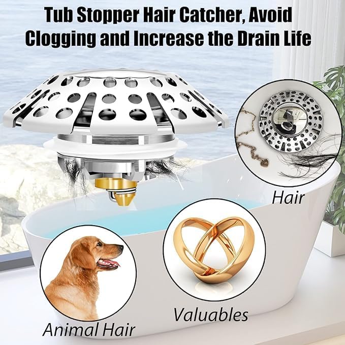 Bathtub Drain Stopper, Pop Up Tub Stopper with Drain Hair Catcher, Bathtub Plug and Cover with Strainer, Universal for 1.5 to 1.8in Tub Drain Hole