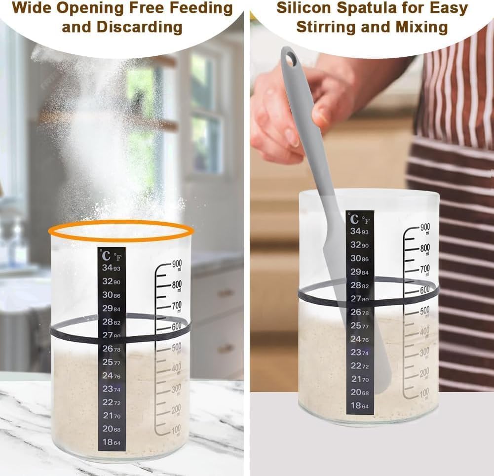 BRIRILINE Pro Sourdough Bread Starter Kit - 34 oz sourdough jar with 5 unique features for the perfect sour dough bread & sourdough starter kit - baking supplies (34oz-3pack)
