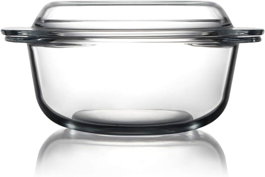 Clear Round Glass Casserole Dish With Lid Non-Plastic Lidded Casseroles Easy Grab Glass Cooking Bowls with Glass Lid, Microwave, Oven, Freezer, and Dishwasher Safe (1.5L)