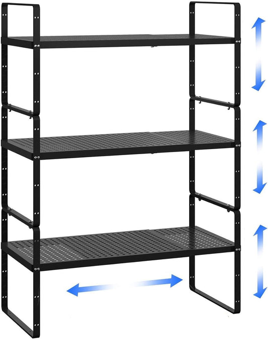 Expandable Cabinet Shelf Organizer Adjustable Metal Spice Rack Stackable Freestanding Counter Storage Shelves for Kitchen Cabinet Under Sink Office Desk (Black - 3Pack - L16.5-27'' * W8'' * H9.6'')