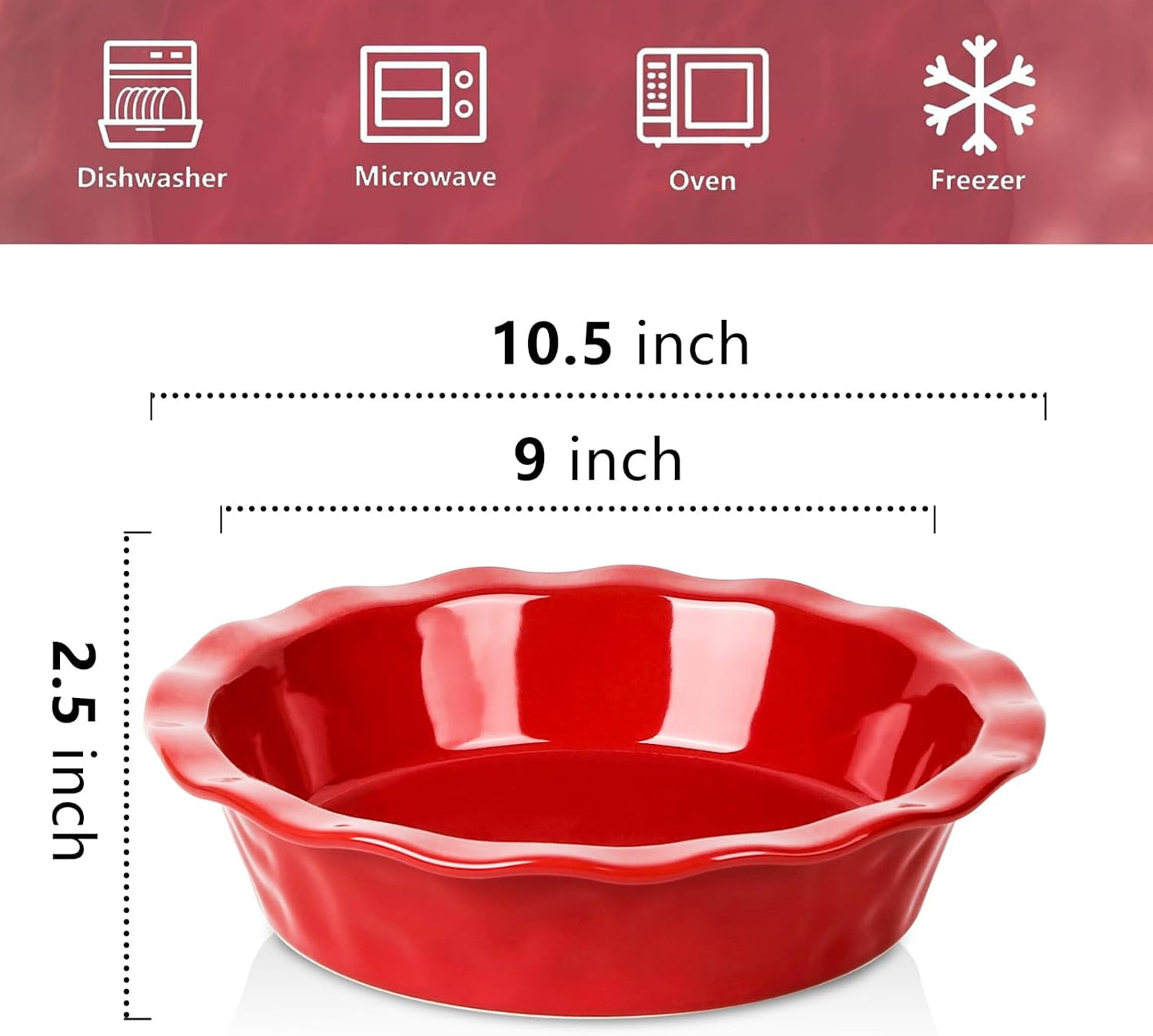 vicrays Ceramic Pie Pan for Baking - 9 inch Pie Plate, Round, Fluted and Deep Pie Dish for Tart, Pizza, Apple Pie, Quiche, Pot Pies, Cake - Reactive Glaze (Red)