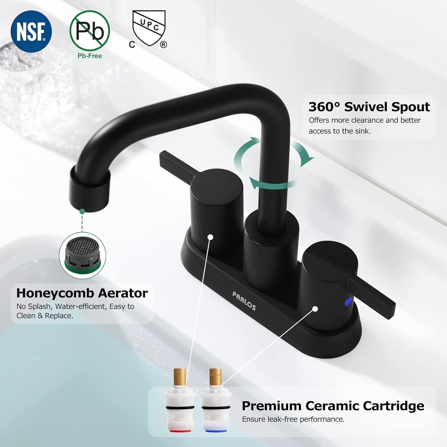 PARLOS 2-Handle Matte Black Bathroom Faucet for Lavatory with Pop-up Sink Drain and Faucet Supply Lines, 1431604