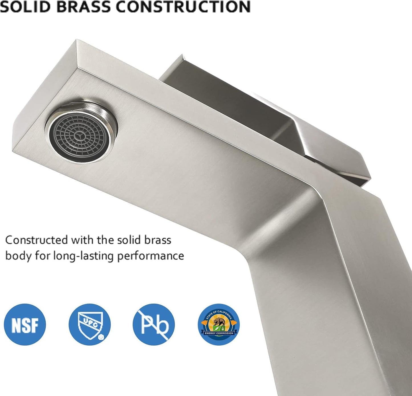 Brushed Nickel Bathroom Faucet for 1 Hole, CEC & cUPC Certified Lead-Free Solid Brass Vanity Faucet for Bathroom Sink with Pop Up Drain Stopper & Water Supply Hoses