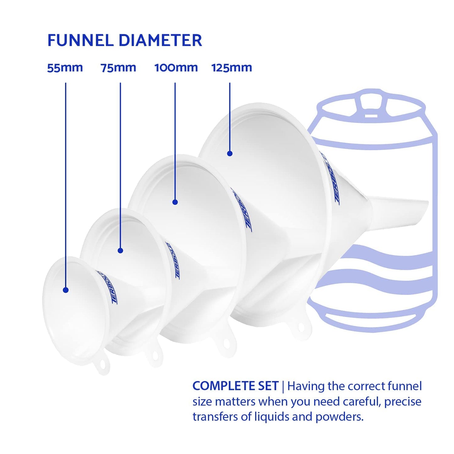 4pc Funnel Nesting Set in BPA Free Plastic for Kitchen Cooking, Car Oil, Home, or Lab Use (White)