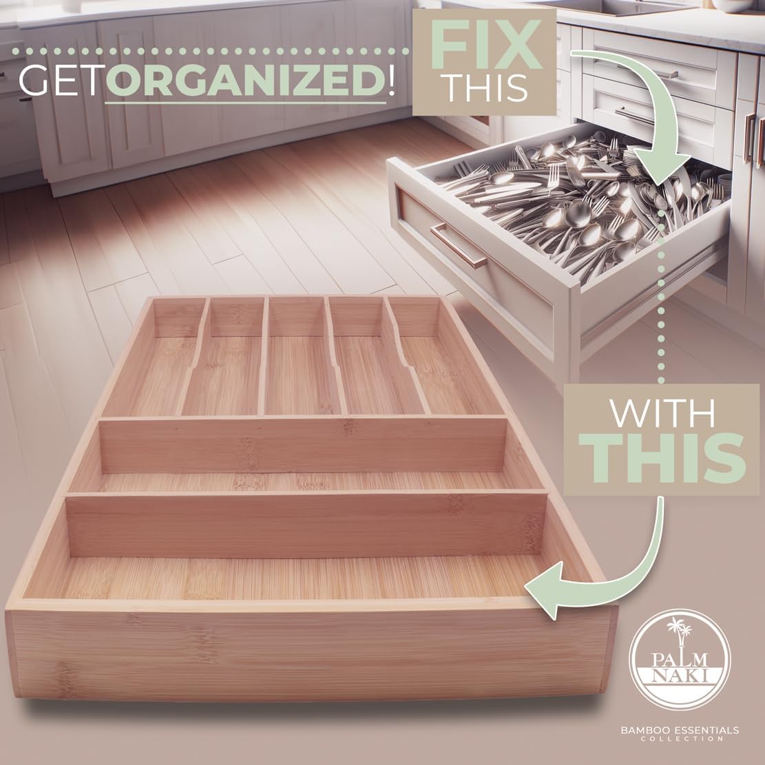 PALM NAKI Silverware Organizer Premium Bamboo Cutlery Organizer Tray - Kitchen Drawer Organizer for Silverware, Utensils - Flatware Organizers - Kitchen Organization (Natural Classic, 7 Slots)