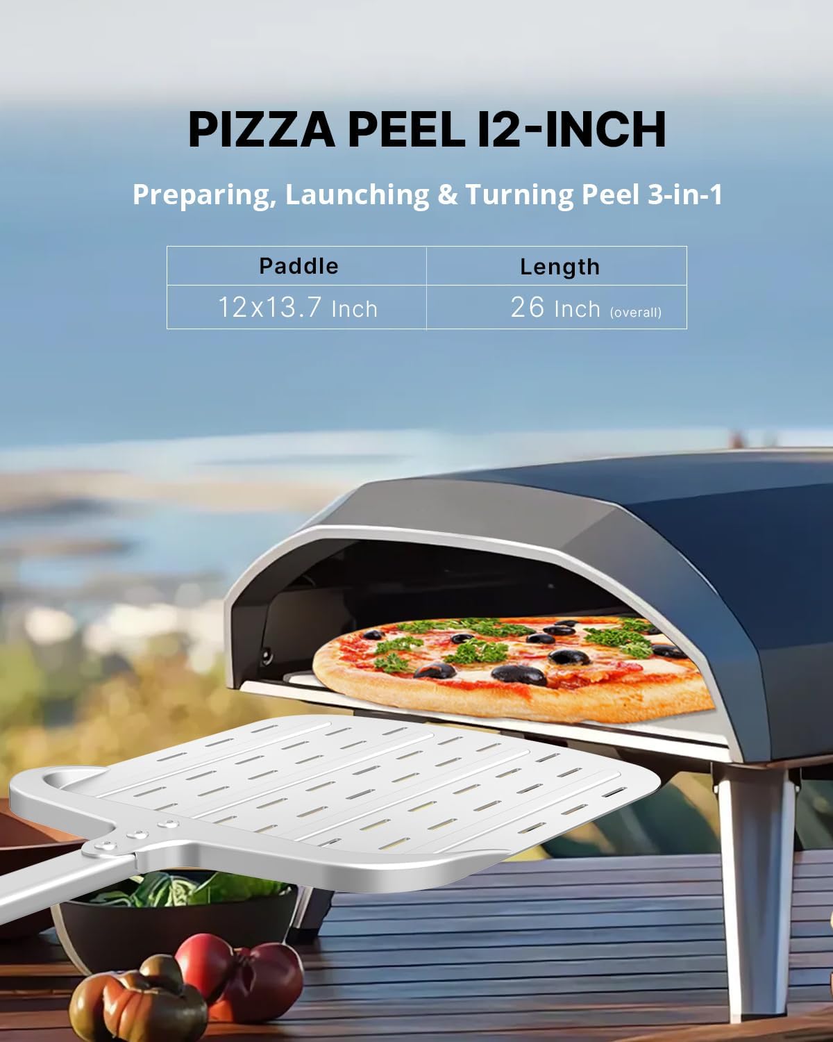 Pizza Peel 12 inch, Perforated Aluminum Pizza Paddle (12'') with Heat-resistant Handle, Nonstick and Lightweight Pizza Spatula, Pizza Oven Accessories
