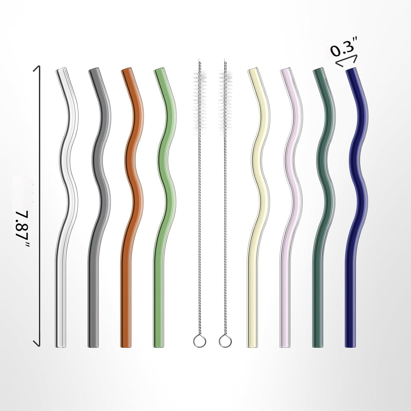 Reusable Glass Straws Sets of 8 Wavy Colorful Drinking Straw with 2 Cleaning Brushes, 8 inches 0.3" Thick Clear Straws High Borosilicate Glass Straw for Tumblers 10 Pack Gift Wrap