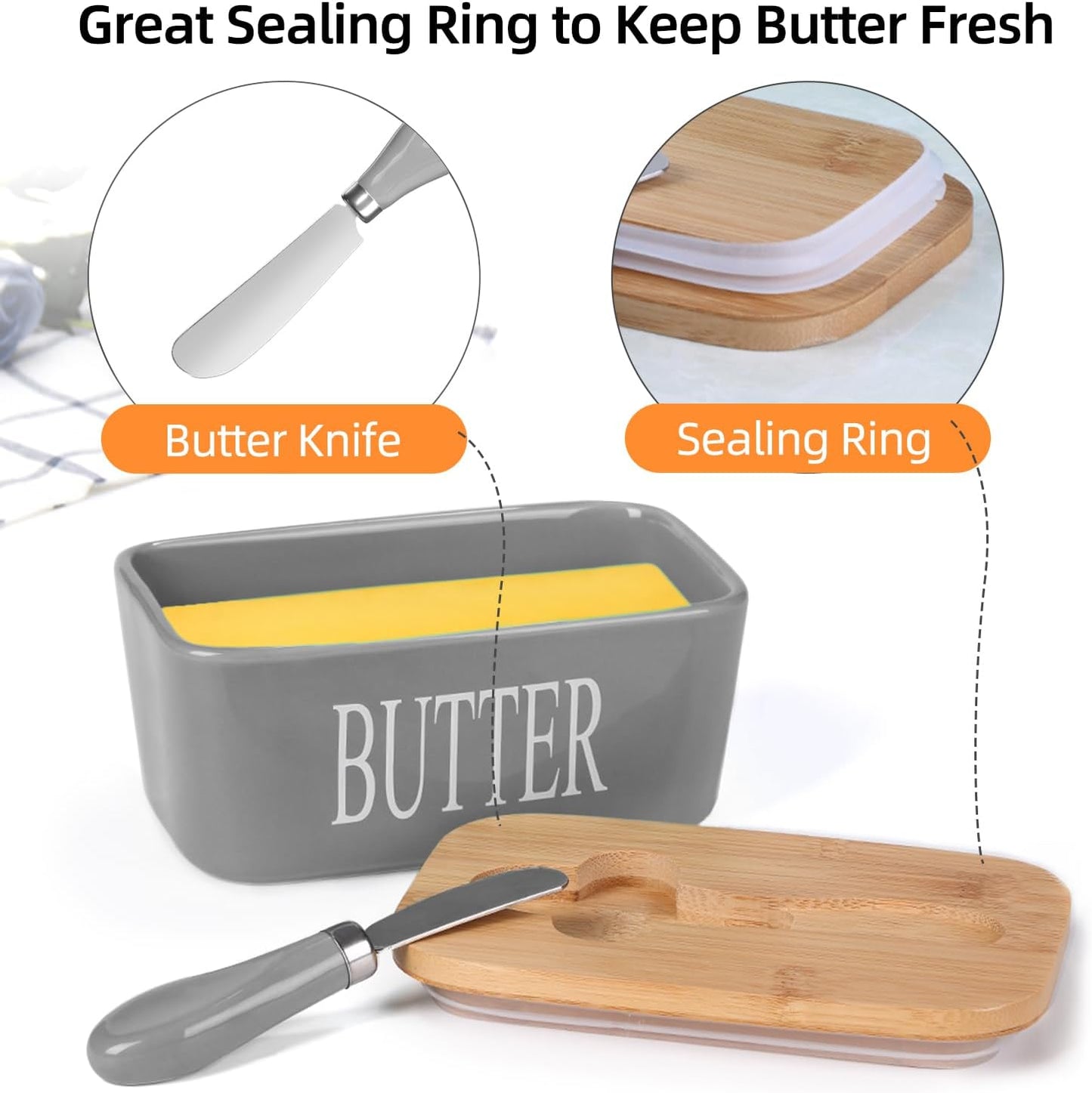 Ceramic Butter Dish with Wooden Lid, Large Butters Container Keeper Storage with Stainless Steel Knife Spreader, Bamboo Cover and Silicone Sealing Ring for West East Coast, Grey