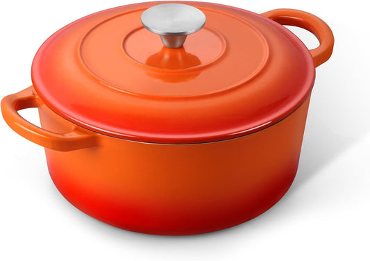 E-far 3 Qt Enameled Cast Iron Dutch Oven with Lid, Small Round Nonstick Dutch Oven Pot for Bread Baking Braising Stews Roasting Cooking, Heavy Duty, Induction & Oven Safe - Orange