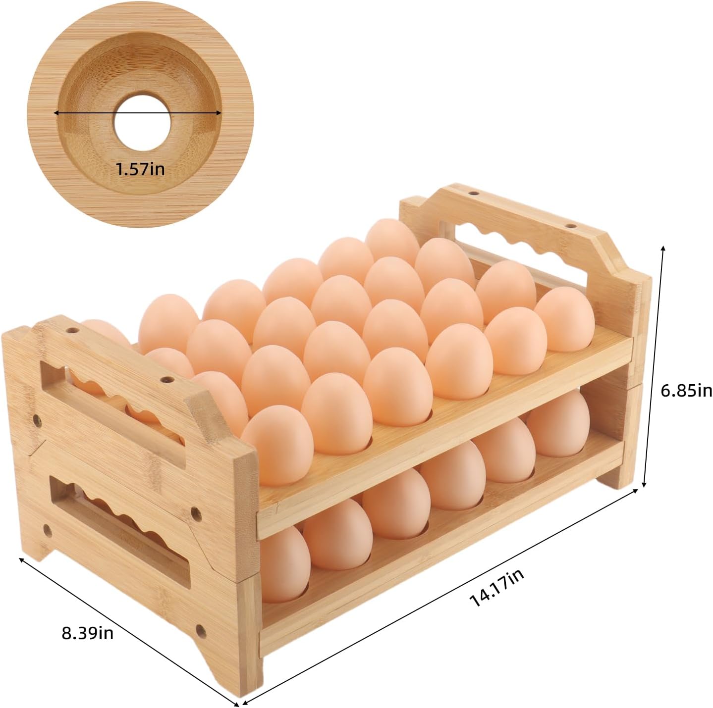 Egg Holder, 2 Tier Egg Holder Countertop, Bamboo Egg Organizer and Storage for Gathering 48 Fresh Eggs, Egg Stackable Stand Rack, Egg Basket for Kitchen Refrigerator Farmhouse