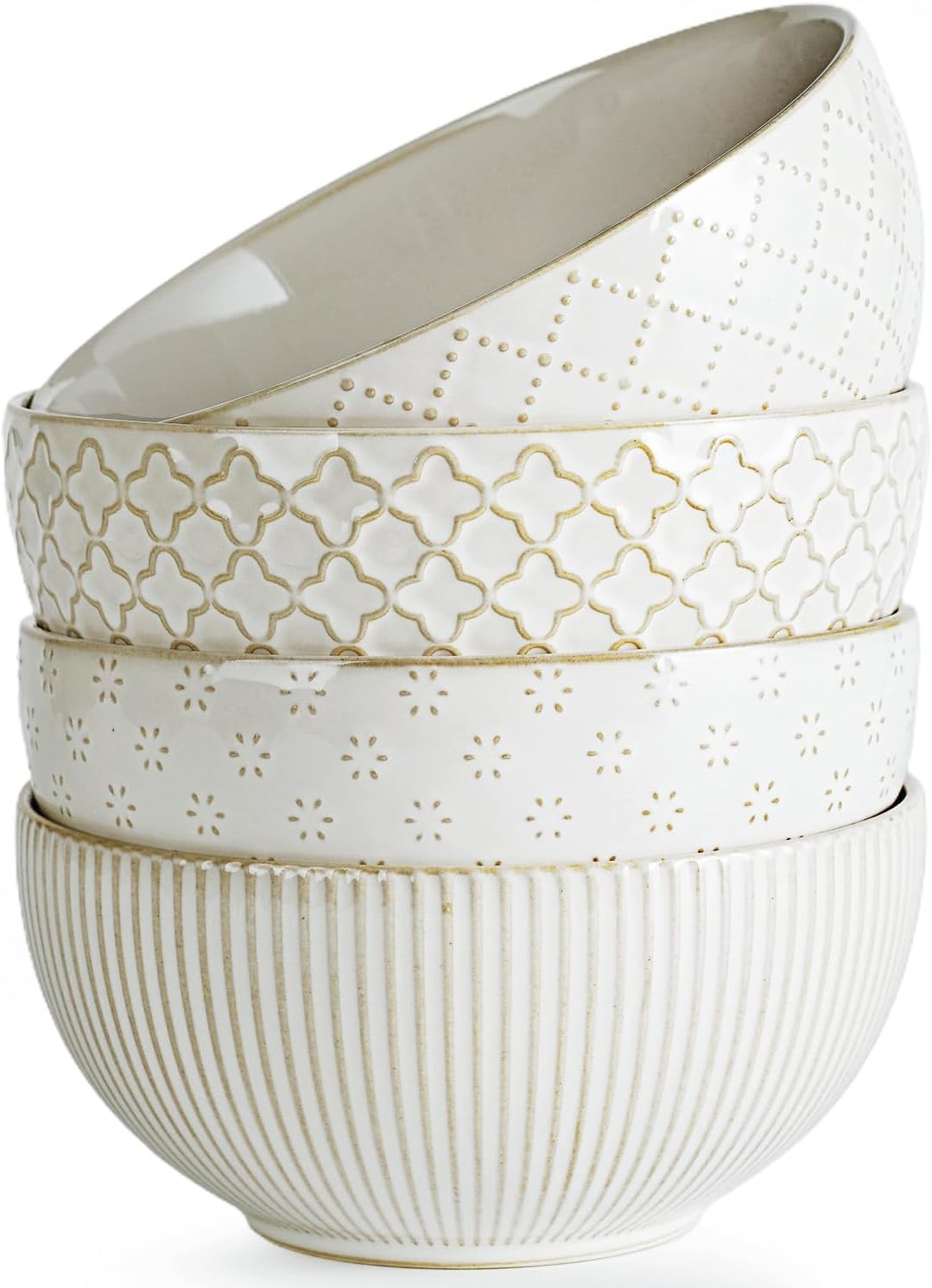 getstar Ceramic Soup Bowls, Cereal Bowl Set of 4 with Assorted Embossment (6.1 inch & 30 oz), Farmhouse Vintage Color Bowls for Kitchen