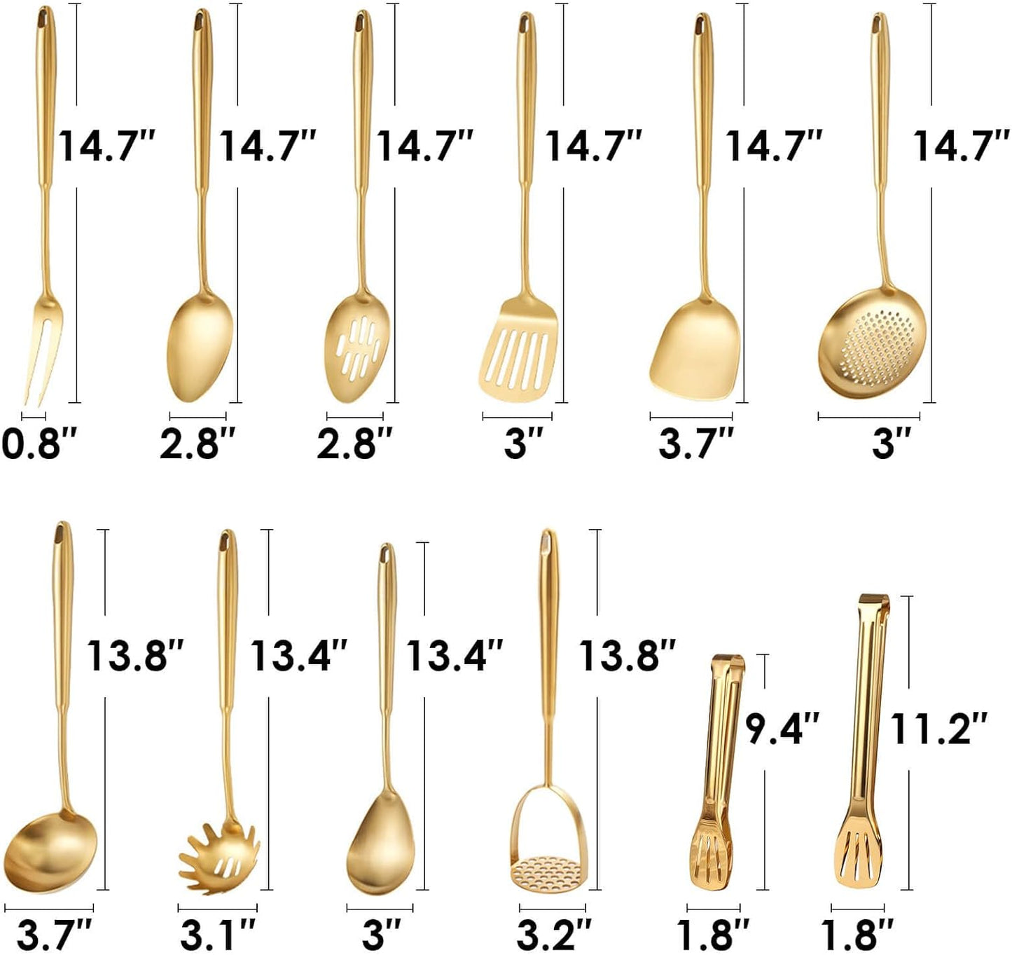 Gold Kitchen Utensils Set, 12 PCS Brass Matte Serving Utensils, 18/10 Stainless Steel All Metal Cooking Tools - Potato Masher, Tongs, Meat Fork, Spatula, Turner, Ladle, Skimmer, Spaghetti Spoon Set