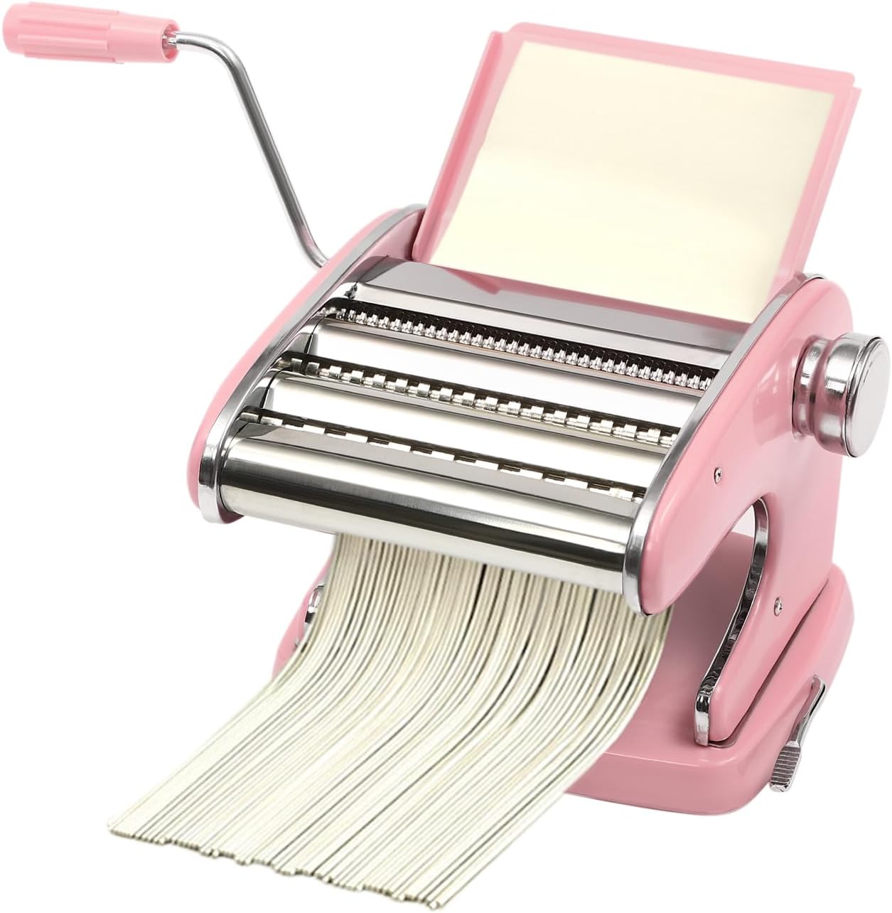 Pasta Maker Machine-6 Adjustable Thickness Settings, Adjustable Clamp, stainless steel Construction for Spaghetti, Fettuccini, Lasagna, Dumpling Skins (Pink pasta maker)
