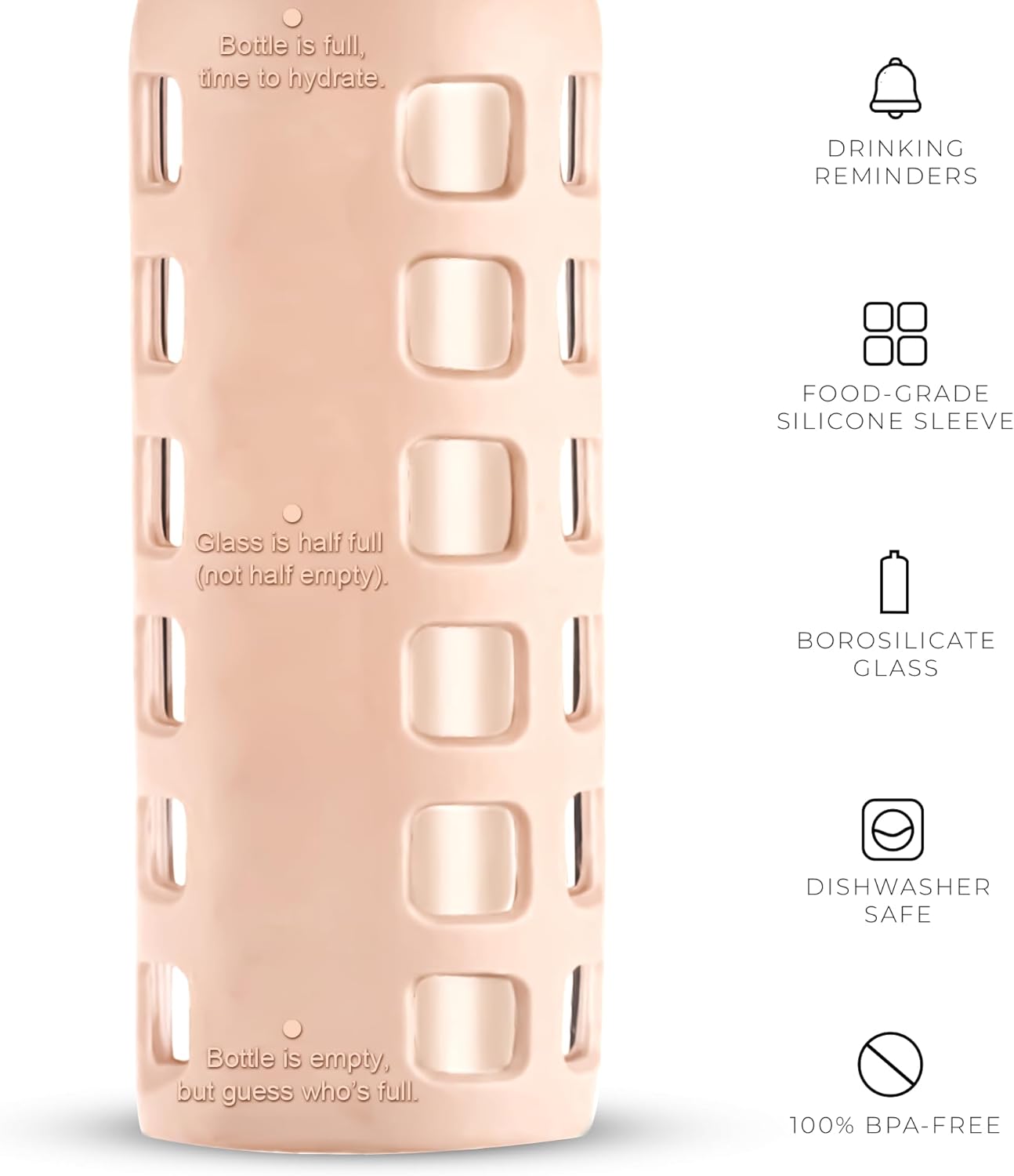 purifyou 40oz / 32oz / 22oz / 12oz Borosilicate Glass Water Bottle with Time & Volume Markers, Silicone Sleeve, Stainless Steel Lid – Reusable Glass Bottle for Water & Juice (12oz Hazelnut)