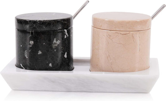 Radicaln Marble Salt Cellar With Lid and Tray 3" Inches Handmade Verona and Black Spice Jar For Kitchen Countertop, Ideal Set of 2 Salt bowl For Home
