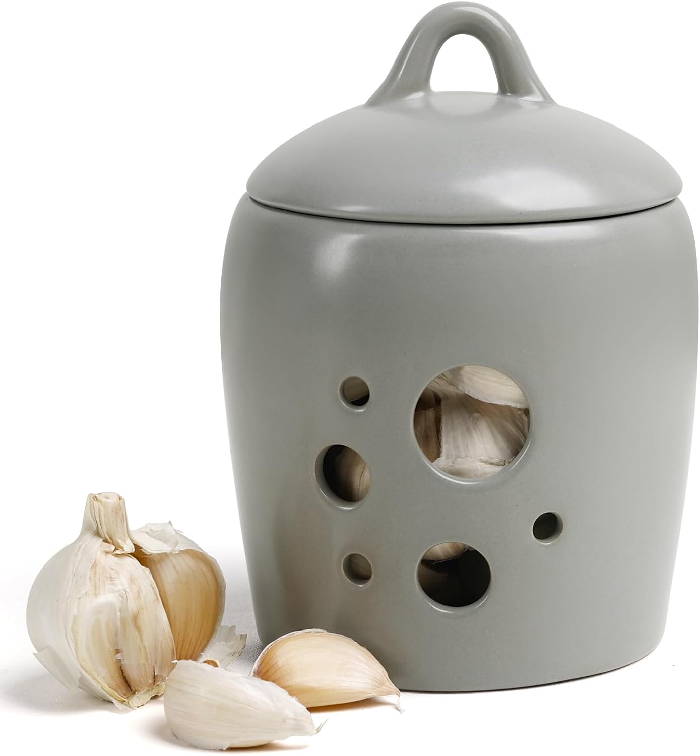 BosilunLife Ceramic Garlic Keeper - Garlic Storage Container with Lid Grey Garlic Jar for Kitchen Garlic Holder Countertop to Keep Your Garlic Cloves Fresh Longer