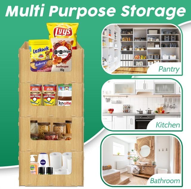Skywin TidyFriend Stackable Storage Bins for Pantry, 4 Pack Stackable Bins For Organizing Food, Kitchen, and Bathroom Essentials (Wood)