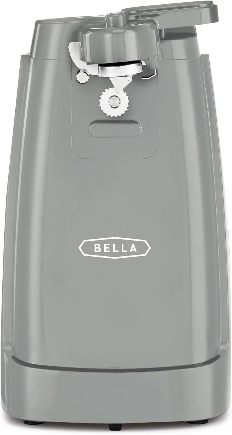 BELLA Electric Can Opener and Knife Sharpener, Multifunctional Jar and Bottle Opener with Removable Cutting Lever and Cord Storage, Stainless Steel Blade, Gray