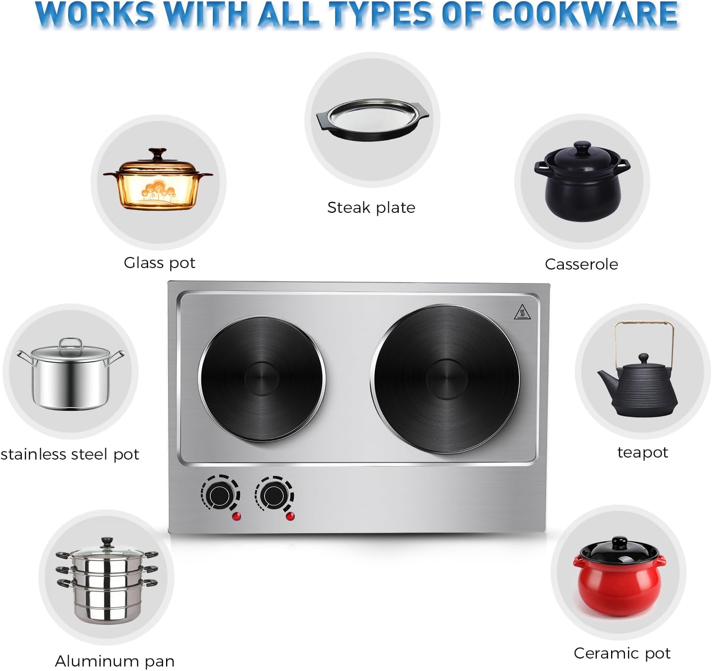 Hot Plate,Cusimax Double Burner 1800W Cast Iron Heating Plate,Electric Stove with Adjustable Temperature Control,Stainless Steel,Suitable for Various Scenarios Upgraded Version