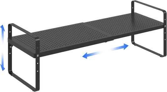 Expandable Cabinet Shelf Organizer Adjustable Metal Spice Rack Stackable Freestanding Counter Storage Shelves for Kitchen Cabinet Under Sink Office Desk (Black - 1Pack - L16.5-27'' * W10.2'' * H9.6'')