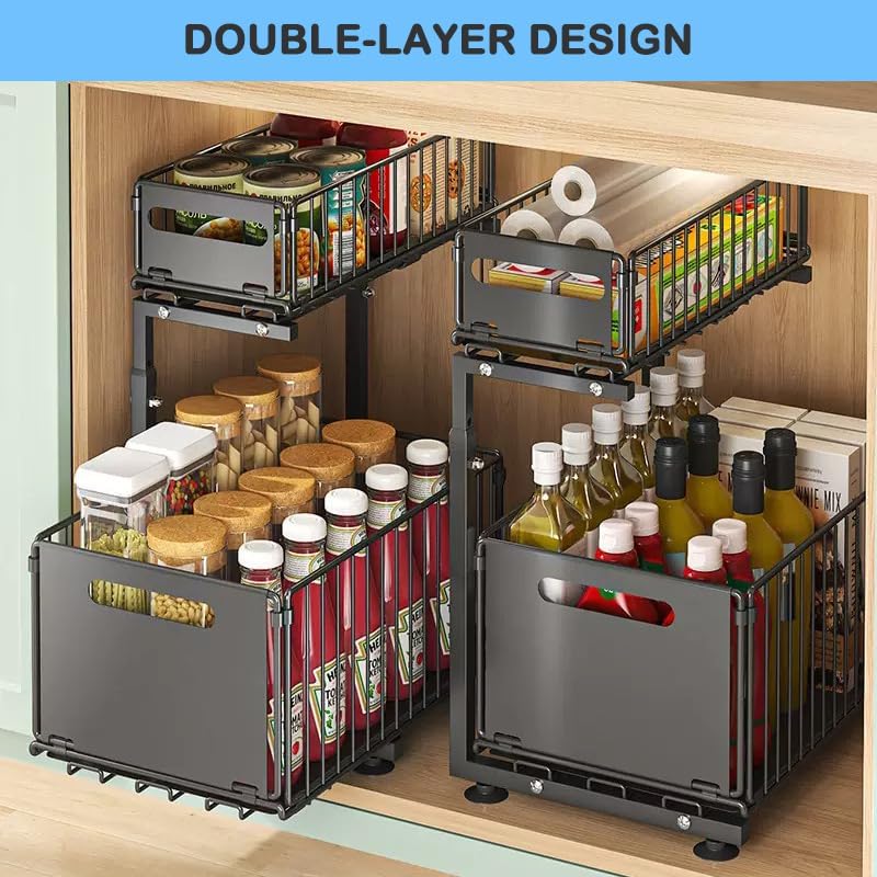 Under Sink Organizer with Adjustable Height, 2 Tier Pull Out Cabinet Design, Sliding Sink Shelf for Enhanced Storage Capacity, Counter Organizer Storage for Kitchen & Bathroom, Black, 2 Pack