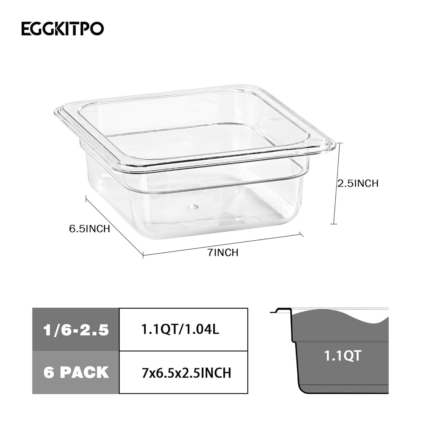 1/6 Clear Food Pans 6 pack 2.5 Inch Deep Pan Stackable Polycarbonate Food Pan for Commercial Kitchen Restaurant Use BPA free
