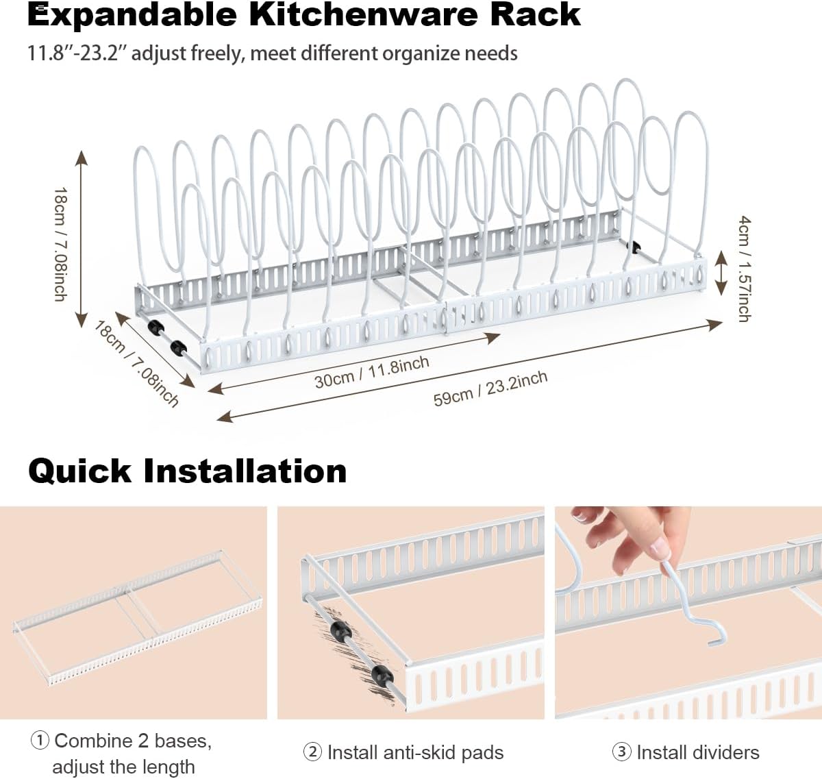 Housolution Pot and Pan Organizer Rack for Cabinet, Upgraded Expandable Pot Lid Organizer with 14 Adjustable Dividers, Pan Holder Storage Rack for Kitchen Cabinet, White