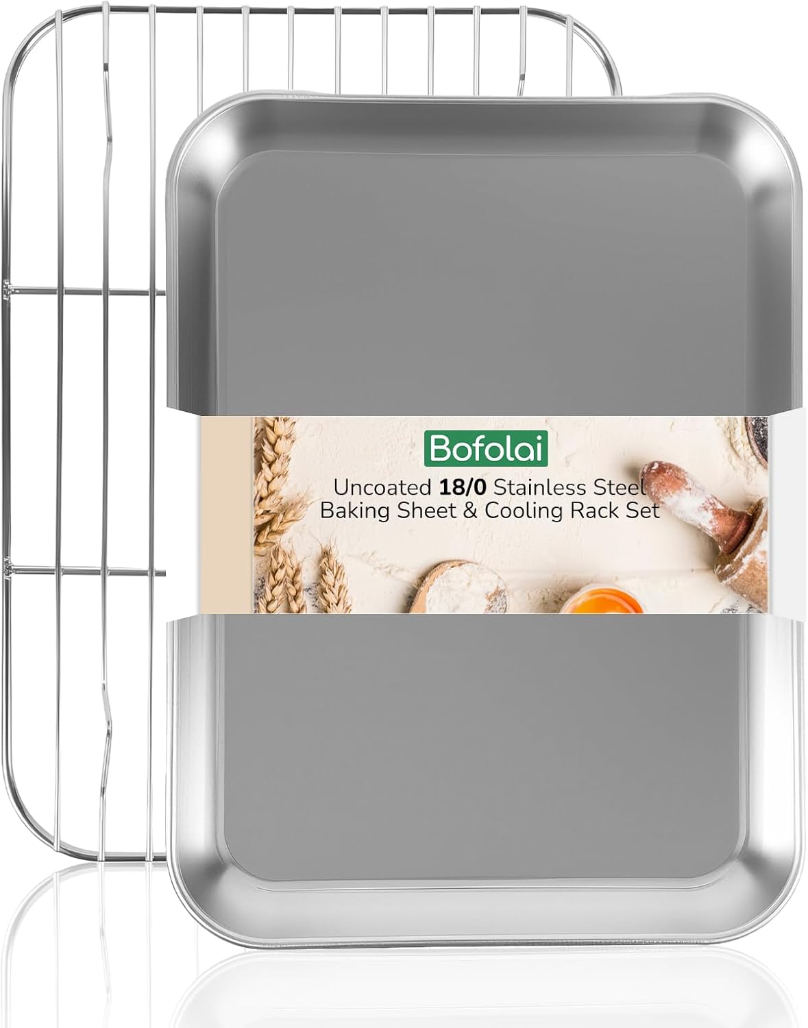 18/0 Stainless Steel Baking Sheet with Cooling Rack, 10.4 Inch Oven-Safe Non-Toxic Cookie Sheets for Baking, Coating Free & Rust Resistant for Healthy Family Baking, Easy to Clean, Heavy Duty