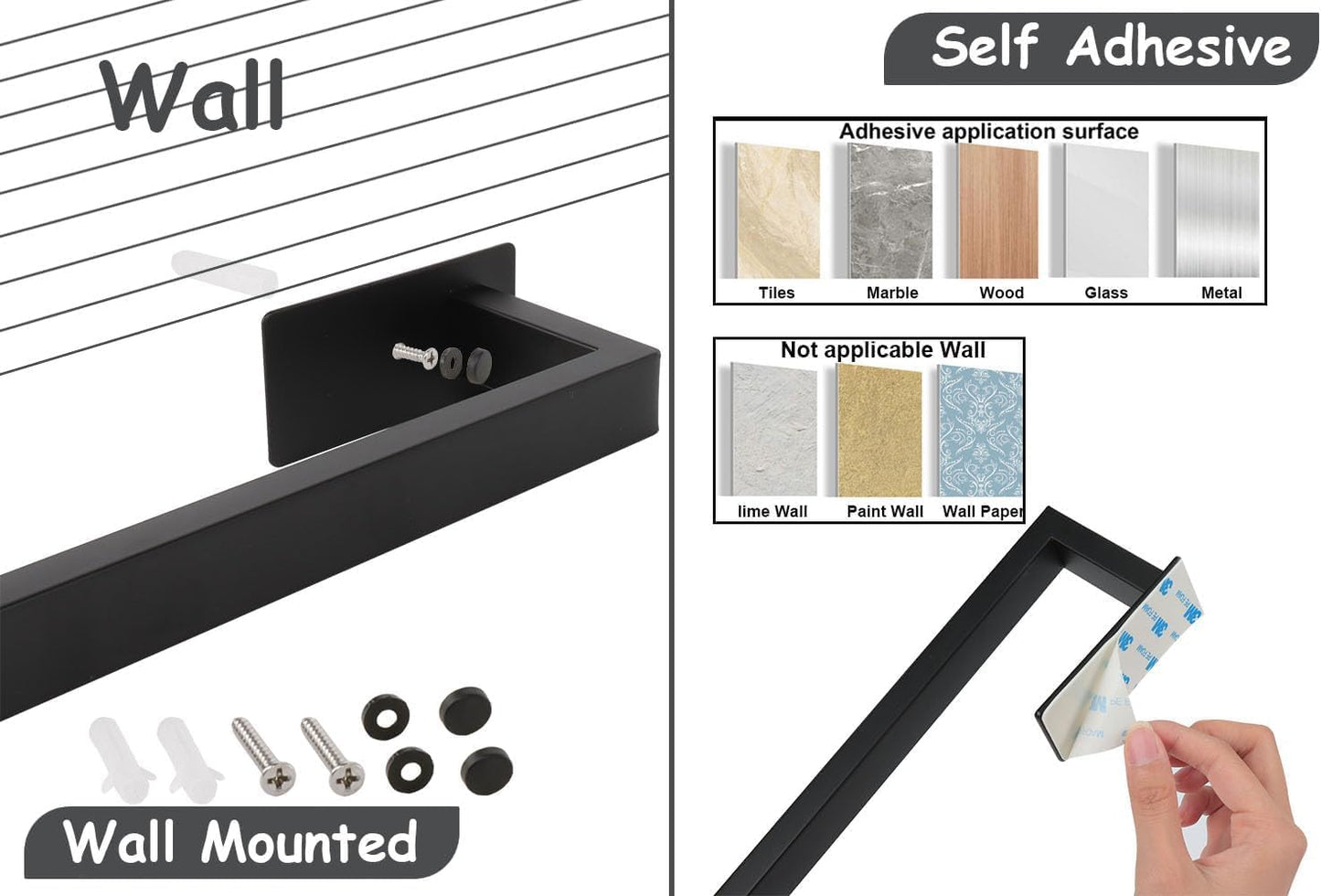 Bathroom Towel Bar Self Adhesive, No Drilling Towel Rack Easy to Install, Hand Towel Holder Made of Premium Stainless Steel Sticky on Hand Towel Hanger for Kitchen, Toilet.(16IN, Black)