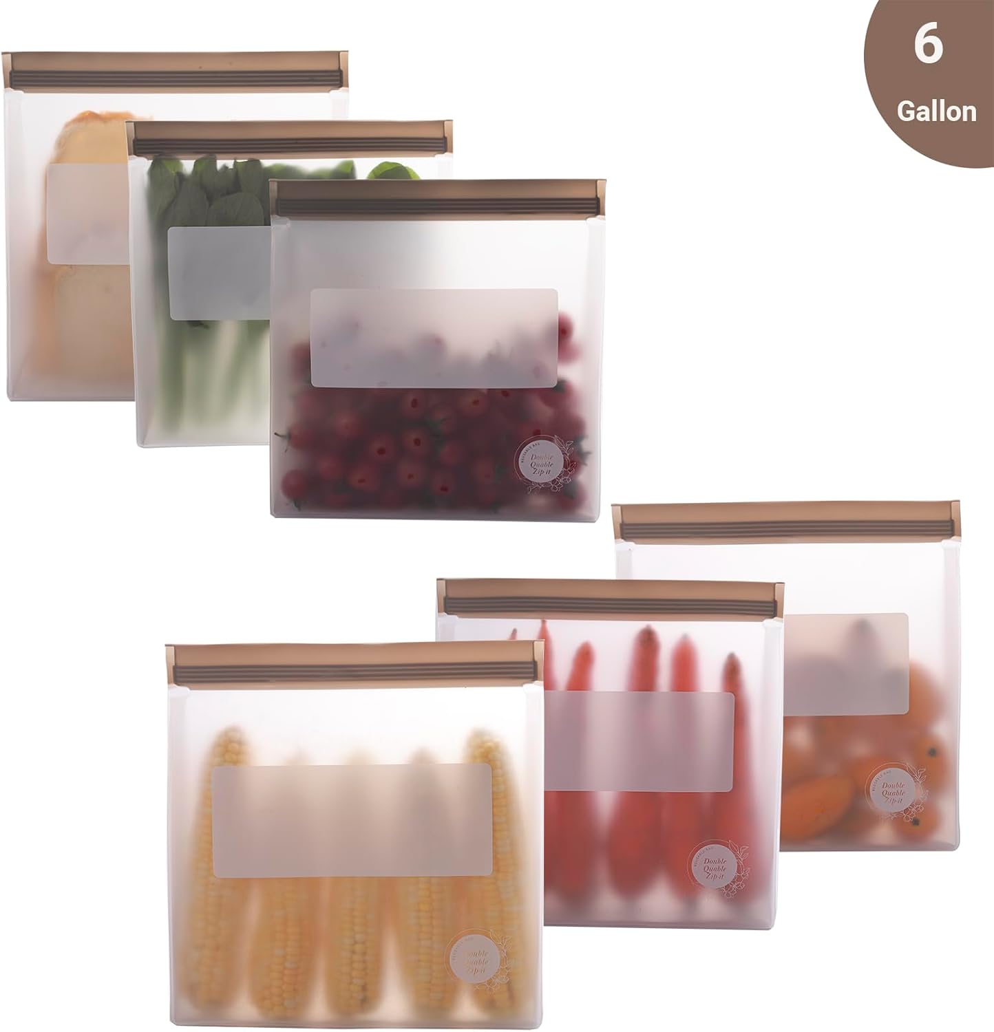 Reusable Silicone Food Storage Bags – 6-Pack Stand-Up, BPA-Free, Freezer, Dishwasher Safe & Eco-Friendly – 6 Gallon Bags – Airtight Leakproof, Organization and Storage Baggies (Grey)