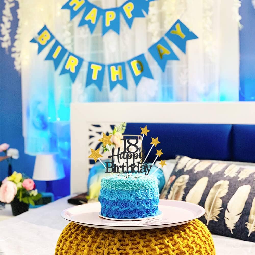 Glittery 18th Happy Birthday Cake Topper with Star,Personalised 18 Birthday Cake Toppers Party Decorations Party Supplies for Boys Girls Black Gold