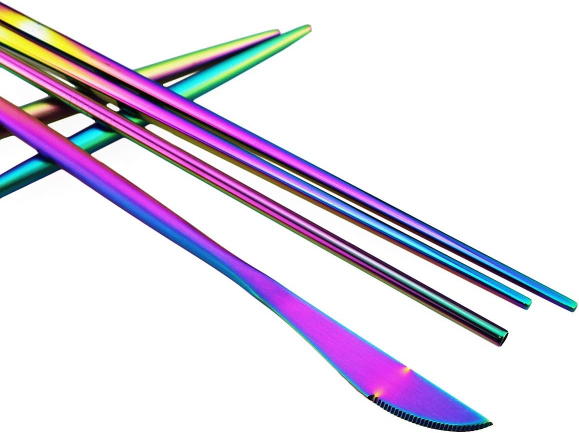 Gugrida Reusable Travel Utensils, 7 Piece Portable 304 Stainless Steel including Knife Fork Spoon Chopsticks Cleaning Brush Straws Portable Pouch, Eco-friendly Camping Silverware Set, Dishwasher Safe