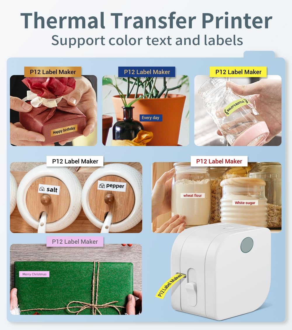 Phomemo P12 PRO Label Maker Machine with Tape, Mini Bluetooth Portable Thermal Labelmaker for School, Office, Organizing, Kitchen, Wireless Small Label Makers with Multiple Templates, White