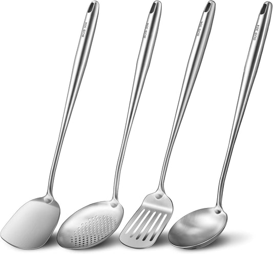 Wok Utensils Tools for Carbon Steel, Stainless Steel Wok Spatula Set, 4-Pieces 17inch Extra Long, Metal Heat Resistant Handle, Skimmer, Soup Ladle, Slotted Turner, Ideal for Gift