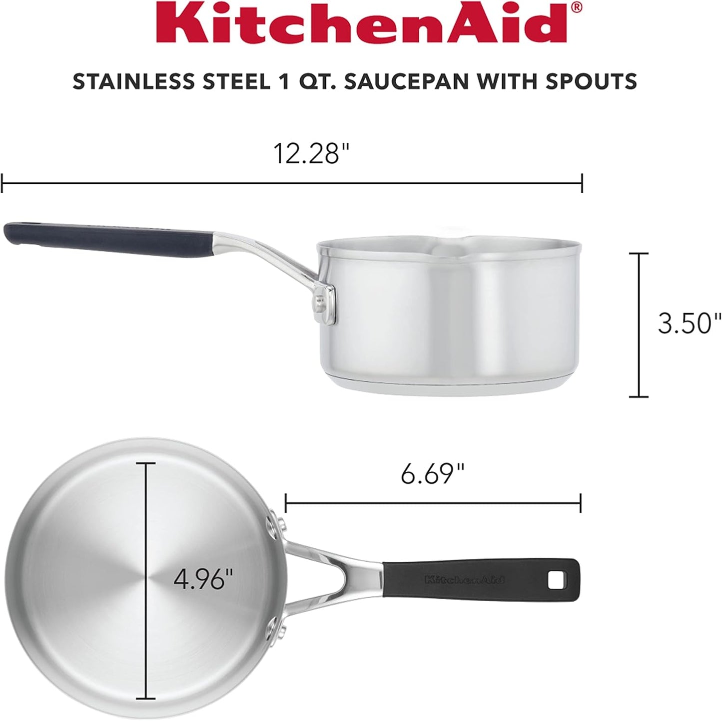KitchenAid 71018 Stainless Steel Saucepan with Pour Spouts, 1 Quart - Brushed Stainless Steel