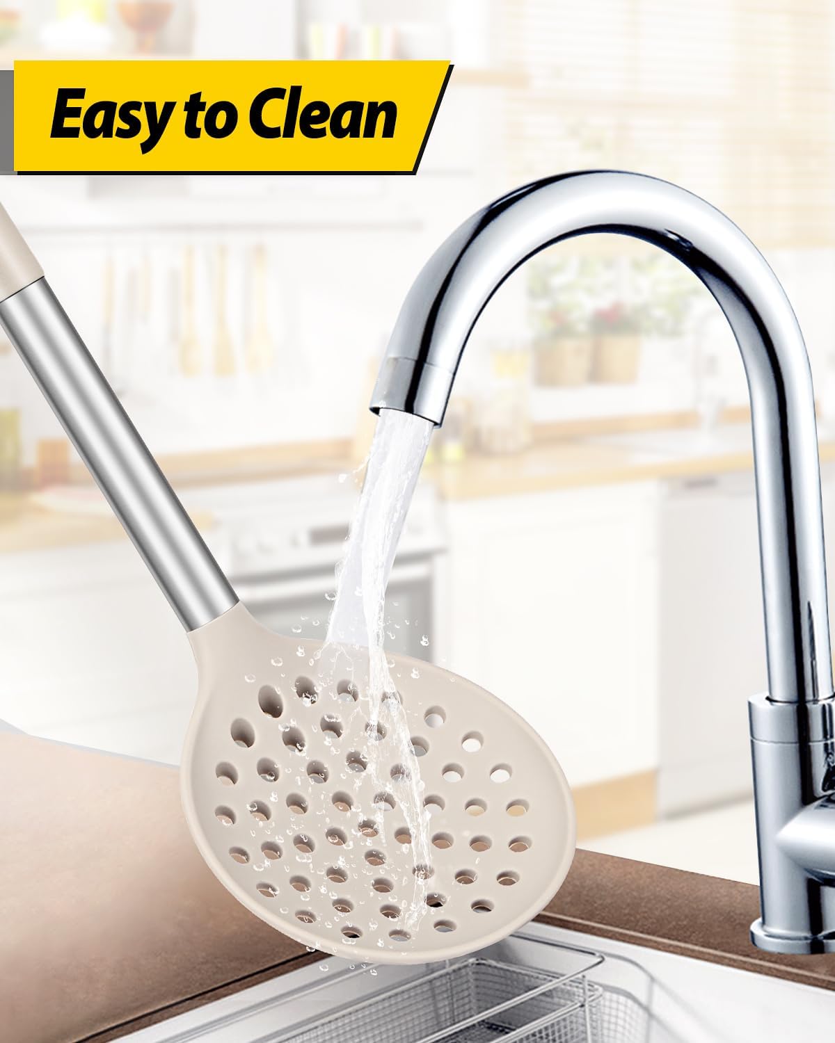 Kitchen Ladle Strainer Set of 2 Large Slotted Spoon with High Heat Resistant BPA Free Non Stick Cooking Skimmers For Draining and Frying (Black-Khaki)