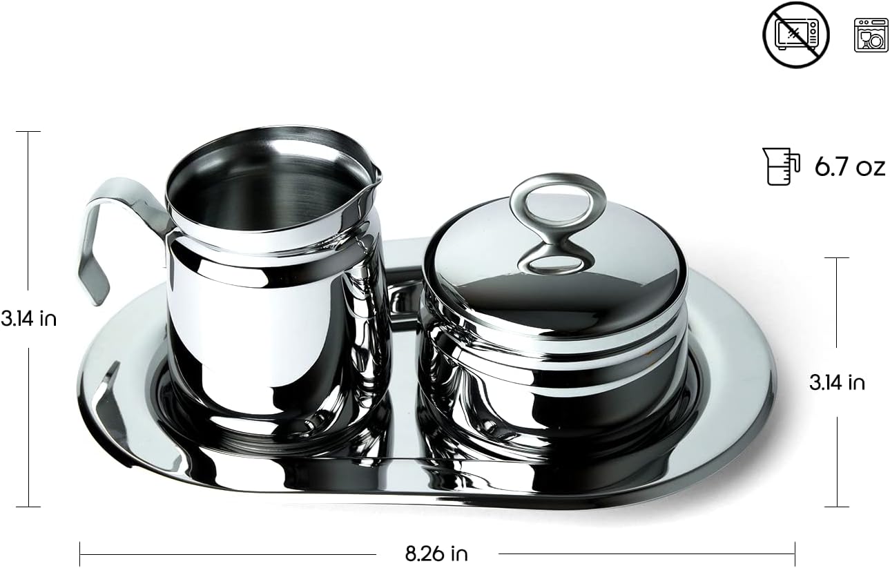 Regent OVATION Stainless Steel Sugar and Creamer Set on Tray Creamer and Sugar Bowl Set Stainless Steel Latte Milk Cup Cream Jug and Sugar Bowl Tray for Coffee Serving Set Frothing Milk
