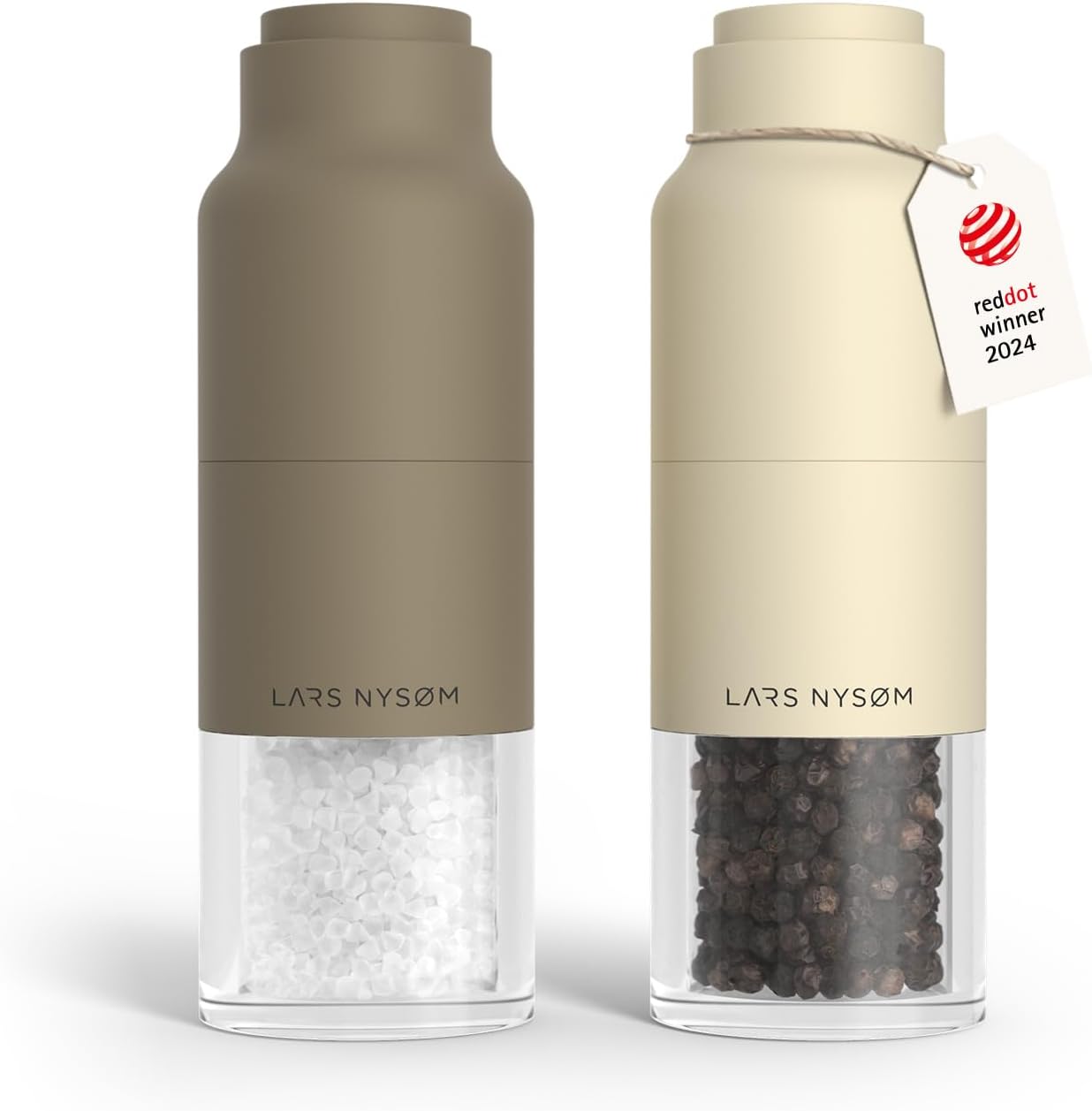 LARS NYSØM Salt and Pepper Grinder Set, Stainless Steel Manual Salt and Pepper Mills, Adjustable Ceramic Grinder, Design Spice Shakers (Brown/Beige)