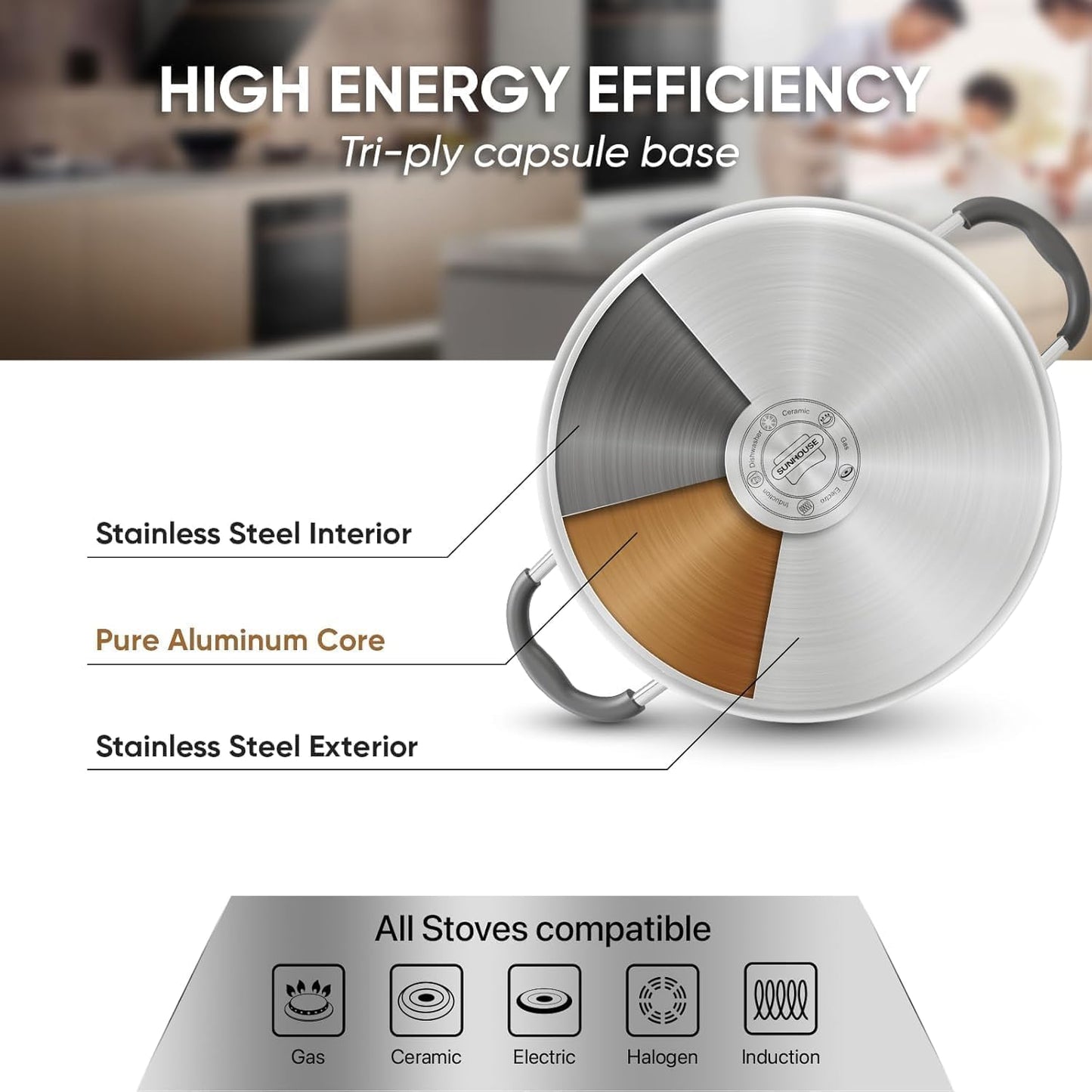 Sunhouse - 3.1 Quarts Steamer Pots With Lid 2-Tier Multipurpose Stainless Steel Steaming Pot Cookware For Vegetable, Dumpling, Sauce, Food - Triple Bottom, Measurement Line