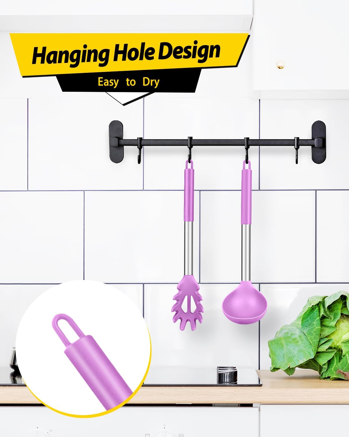 Silicone Pasta Fork and Ladle Spoon Set, Large Non Stick Kitchen Utensils for Cooking,Stirring,Serving Spaghetti, Soup, Sauce (PURPLE)
