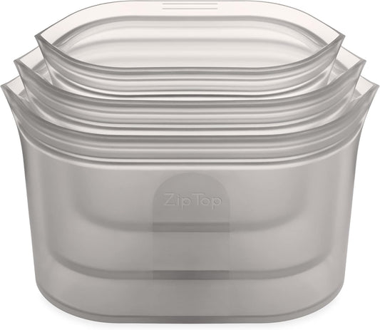 Zip Top Reusable Food Storage Bags | 3 Dish Set [Gray] | Silicone Meal Prep Container | Microwave, Dishwasher and Freezer Safe | Made in the USA
