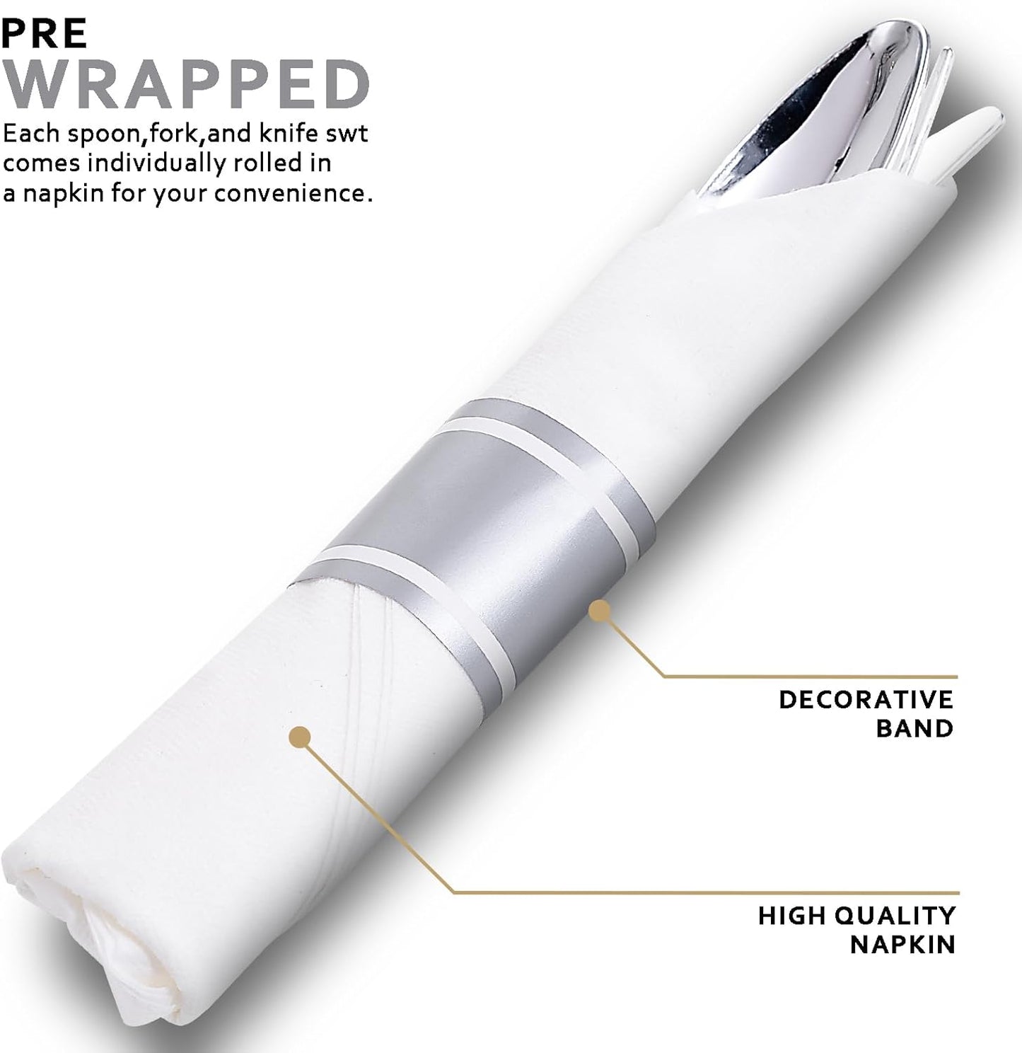 400PCS Pre Rolled Silver Plastic Silverware Sets - Heavy Duty Fancy Silver Cutlery - Include 100 Pack Wrapped Disposable Utensils with Napkins for Parties, Dinners & Weddings